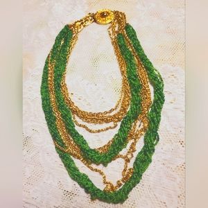 Vintage 1960s Gold Chain Green Beaded Rope Torsade Necklace